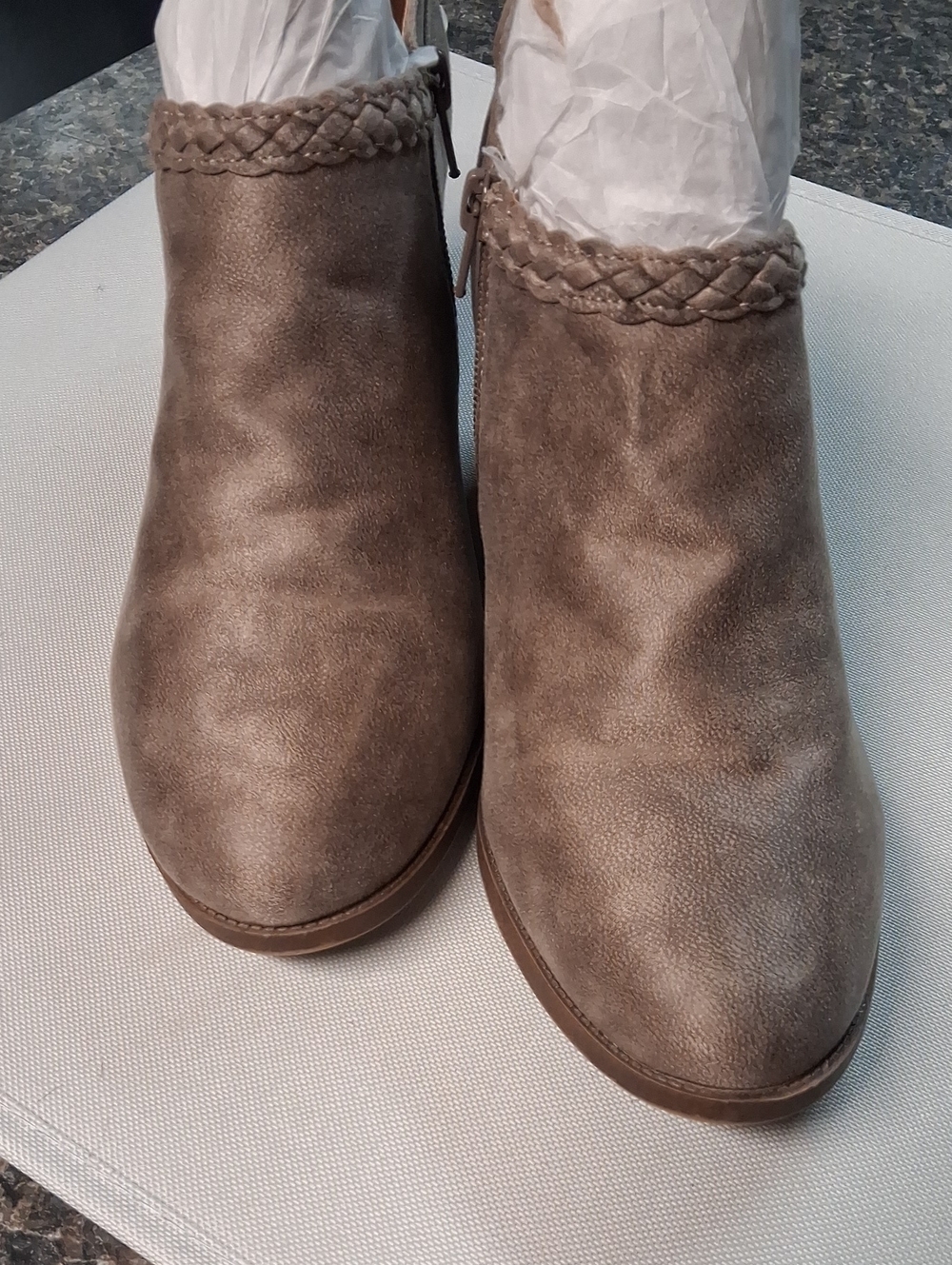 Lifestride Braided Trim Ankle Booties in Taupe